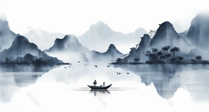 中式黑白山峰飞鸟一叶扁舟水墨风山水画,插画/手绘图,插画/手绘图库,插画/手绘图下载,插画/手绘